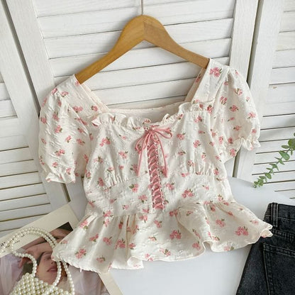 Short-Sleeve Floral Lace-Up Peplum Blouse