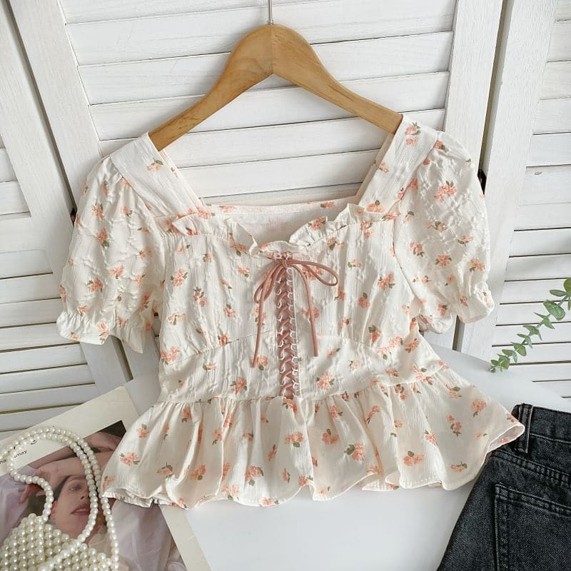 Short-Sleeve Floral Lace-Up Peplum Blouse