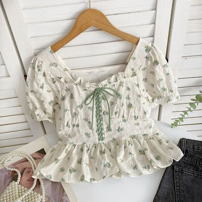 Short-Sleeve Floral Lace-Up Peplum Blouse - Green Floral