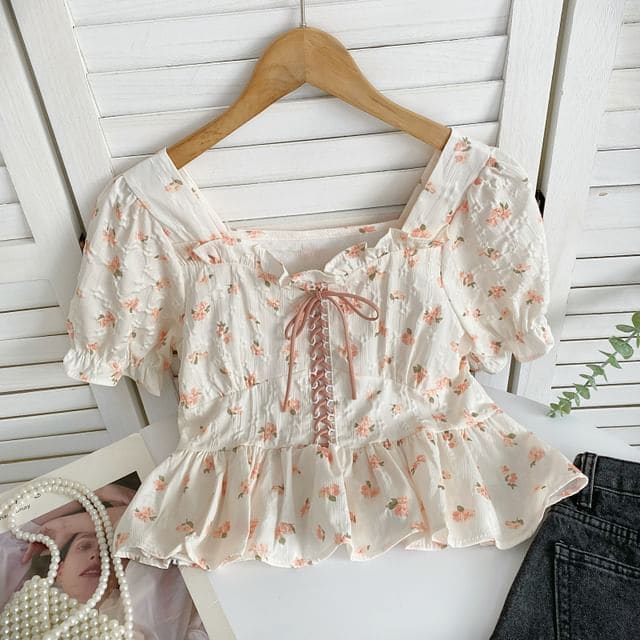 Short-Sleeve Floral Lace-Up Peplum Blouse - Tangerine