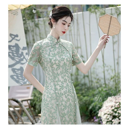 Short-Sleeve Floral Midi Qipao