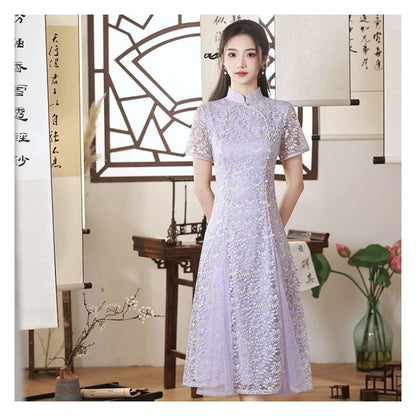 Short-Sleeve Floral Midi Qipao