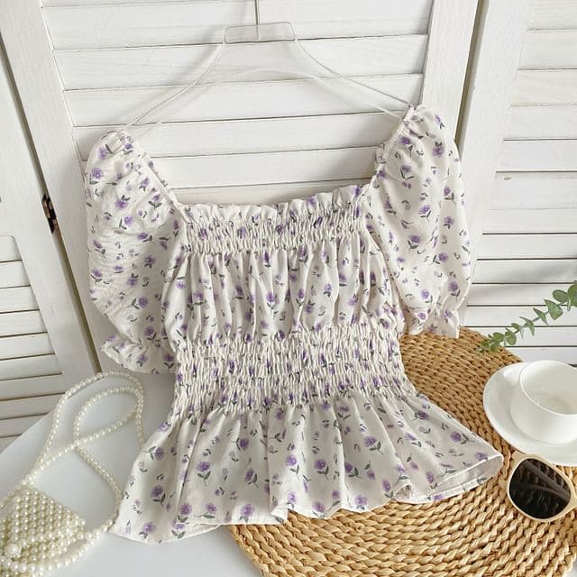 Short-Sleeve Floral Peplum Blouse - Purple Floral - White