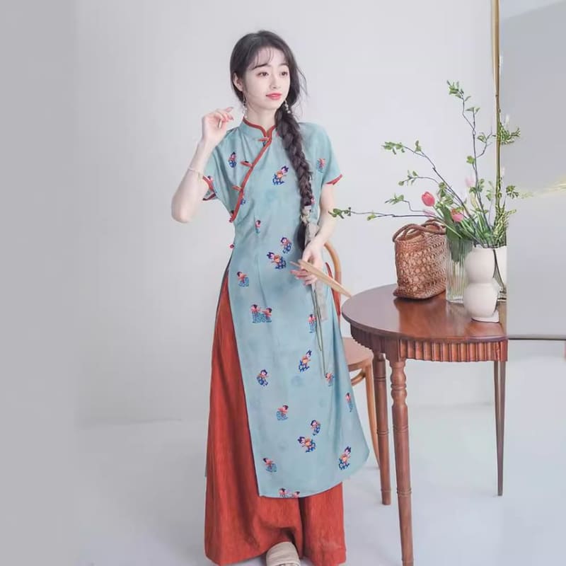 Short-Sleeve Floral Slit Midi Qipao / Mid Waist Wide Leg