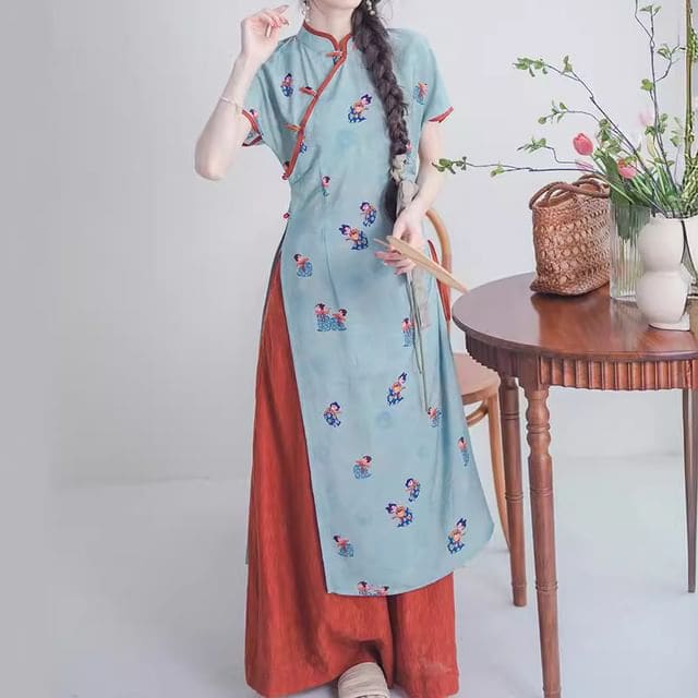 Short-Sleeve Floral Slit Midi Qipao / Mid Waist Wide Leg