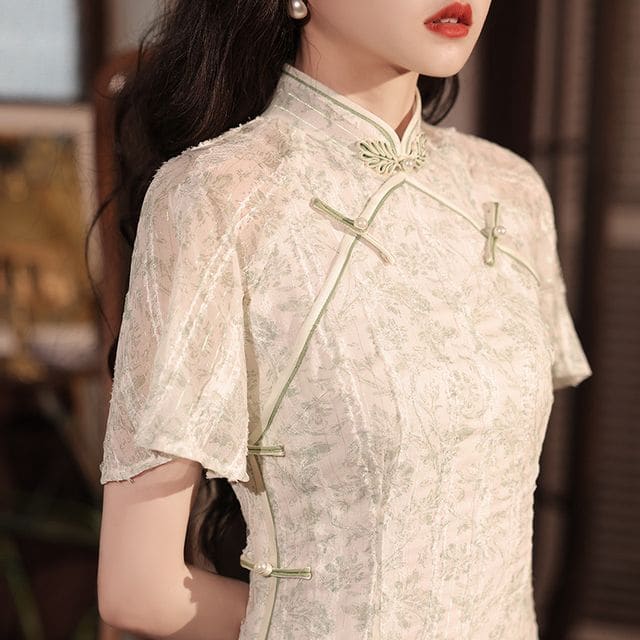 Short-Sleeve Flower Embroidered Qipao - 833 - Green / S