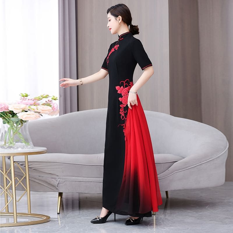 Short-Sleeve Flower Two Tone Maxi A-Line Qipao