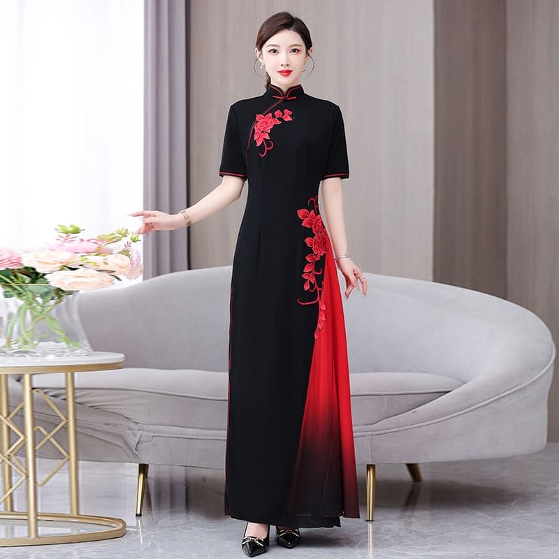 Short-Sleeve Flower Two Tone Maxi A-Line Qipao