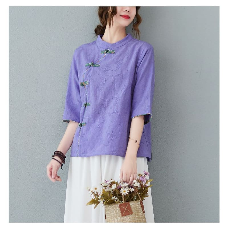 Short-Sleeve Frog Buttoned Plain Cheongsam Top