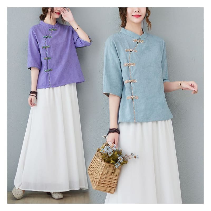 Short-Sleeve Frog Buttoned Plain Cheongsam Top