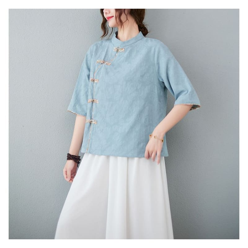 Short-Sleeve Frog Buttoned Plain Cheongsam Top