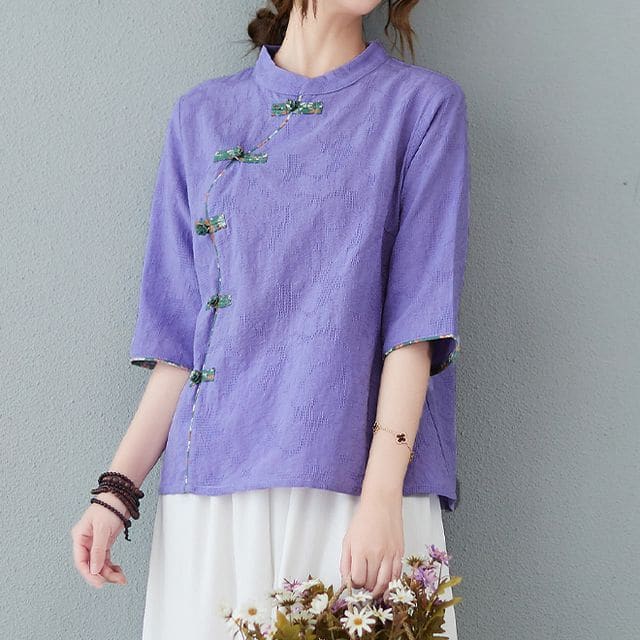 Short-Sleeve Frog Buttoned Plain Cheongsam Top - Purple / M