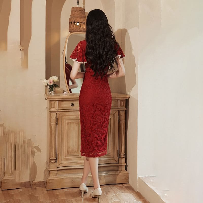 Short-Sleeve Lace Mini Qipao Dress