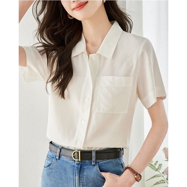 Short Sleeve Lapel Neck Solid Loose Fit Shirt - White / S