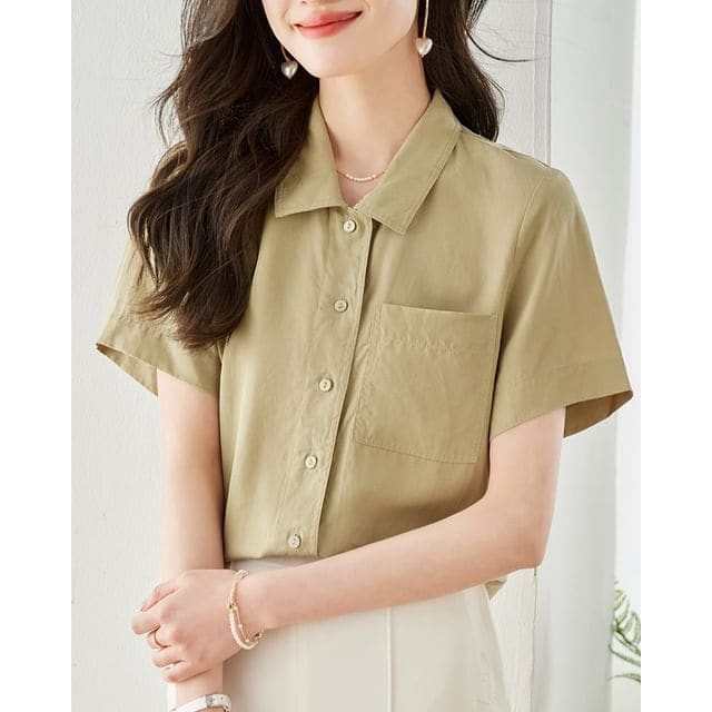 Short Sleeve Lapel Neck Solid Loose Fit Shirt - Yellow / S