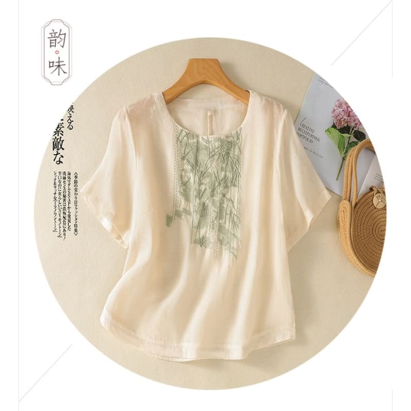 Short-Sleeve Leaf Embroidered Blouse - Clothing