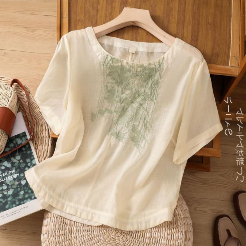 Short-Sleeve Leaf Embroidered Blouse - Clothing