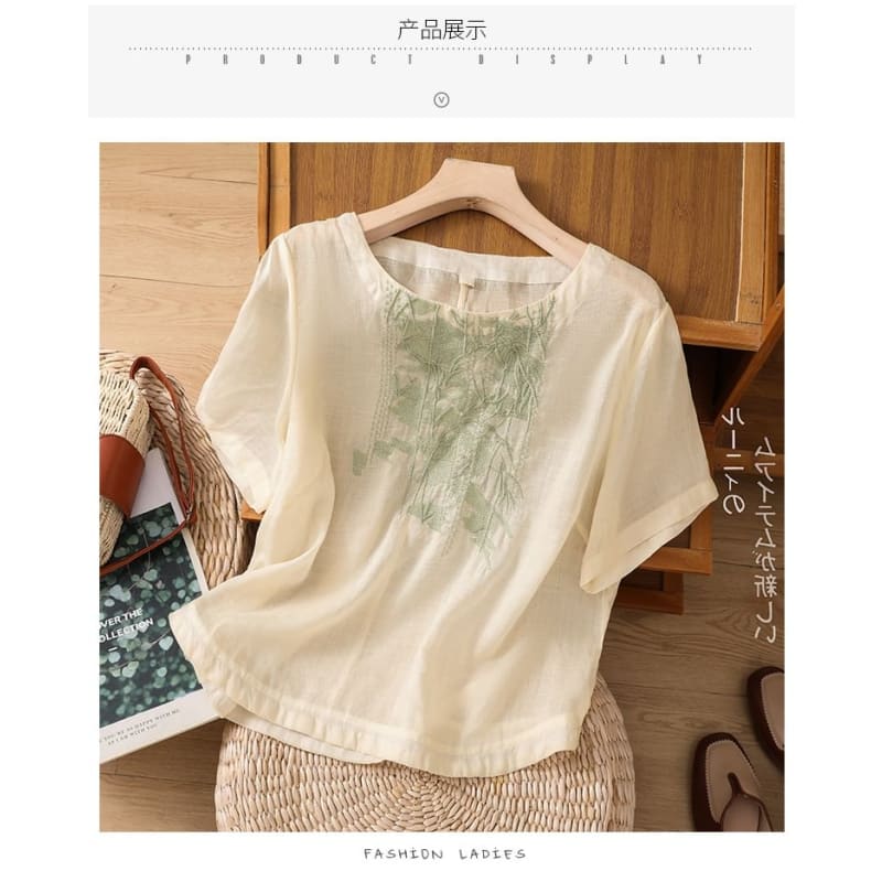 Short-Sleeve Leaf Embroidered Blouse - Clothing