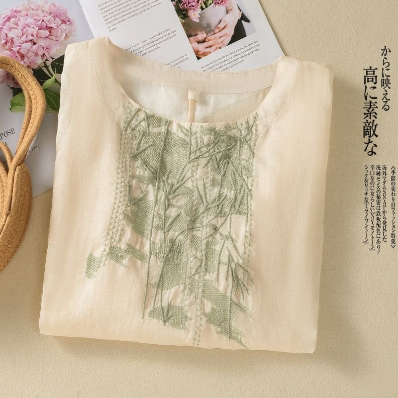 Short-Sleeve Leaf Embroidered Blouse - Clothing