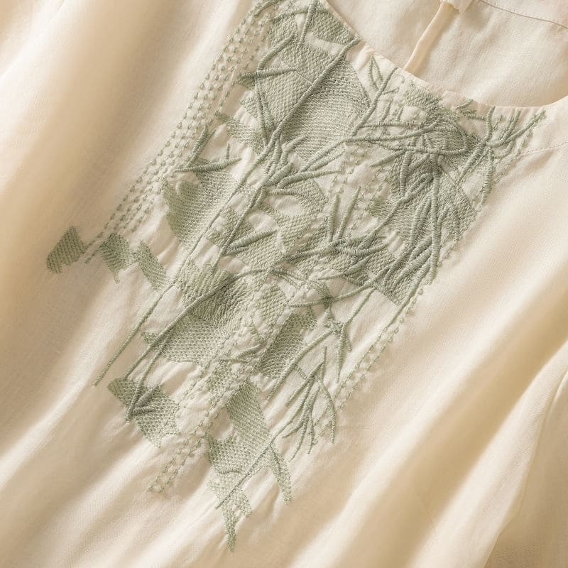 Short-Sleeve Leaf Embroidered Blouse - Clothing