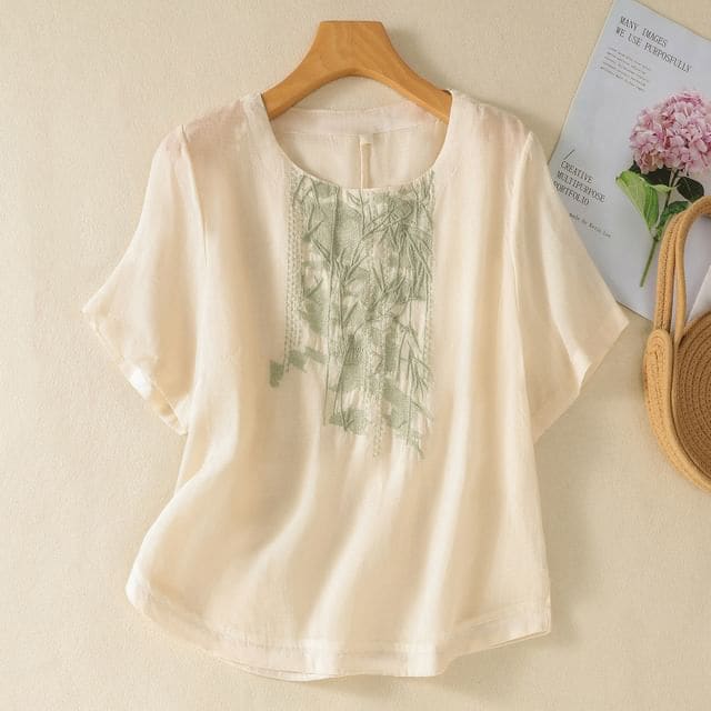 Short-Sleeve Leaf Embroidered Blouse - Green & Almond / M