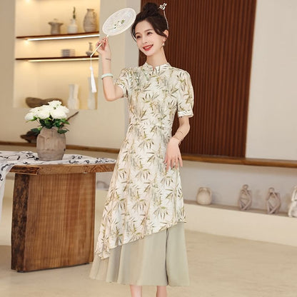 Short-Sleeve Leaf Print Panel Midi A-Line Qipao