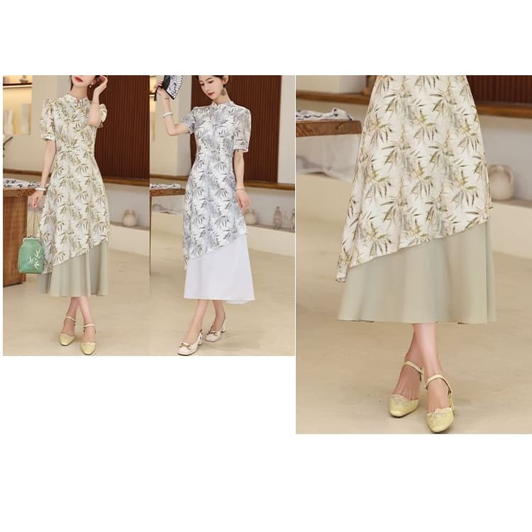 Short-Sleeve Leaf Print Panel Midi A-Line Qipao