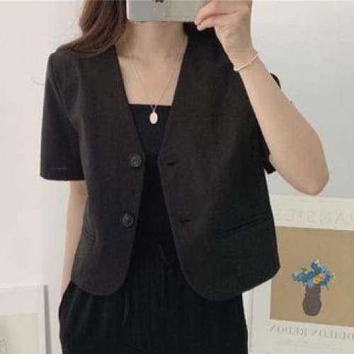 Short-Sleeve Linen Blazer - Black / M