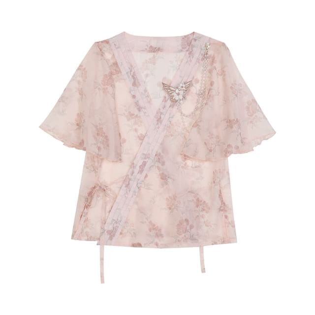 Short-Sleeve Lolita Floral Wrap Top / Camisole Top / High