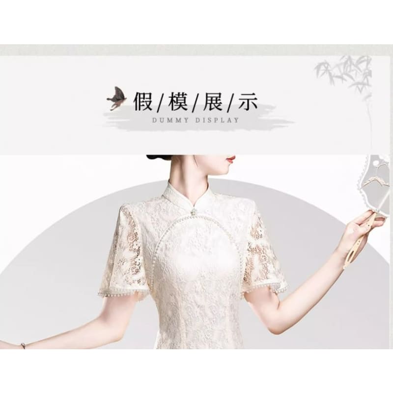 Short Sleeve Mandarin Collar Lace Midi Sheath Dress