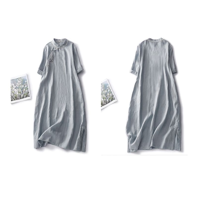 Short-Sleeve Mock Neck Contrast Stitching Midi Smock Dress