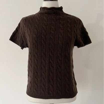 Short-Sleeve Mock-Neck Plain Knit Top - Brown / One Size