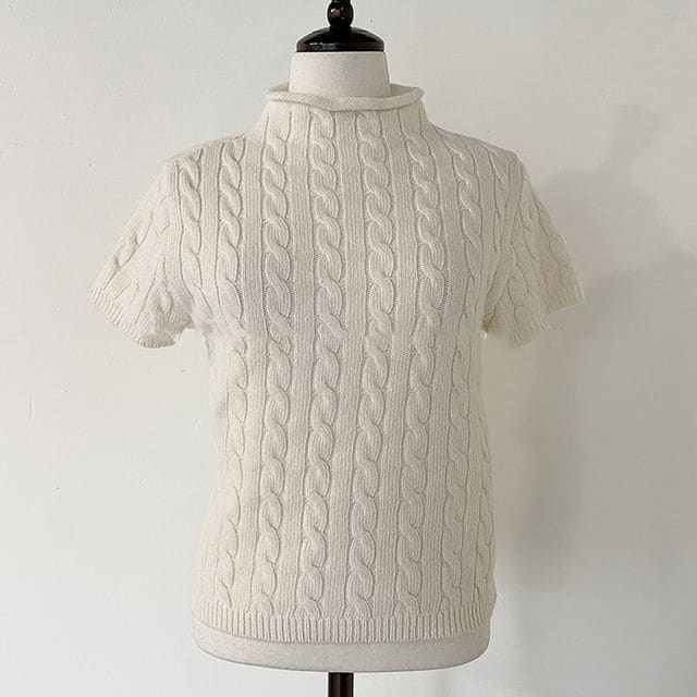 Short-Sleeve Mock-Neck Plain Knit Top - Off-White / One Size