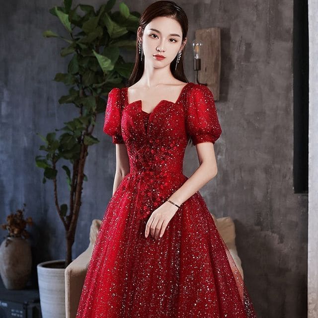 Short-Sleeve Notched Sequined A-Line Evening Gown