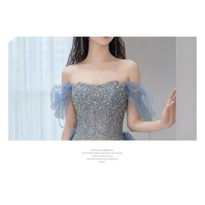 Short-Sleeve Off Shoulder Gradient Sequin Panel Mesh