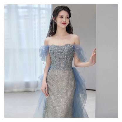 Short-Sleeve Off Shoulder Gradient Sequin Panel Mesh