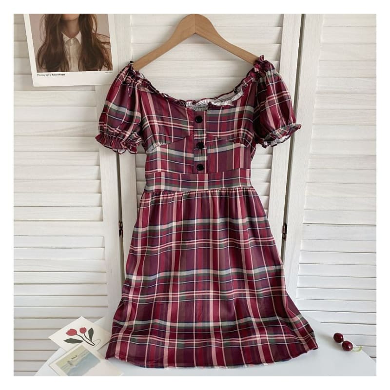 Short-Sleeve Off-Shoulder Plaid Mini A-Line Dress