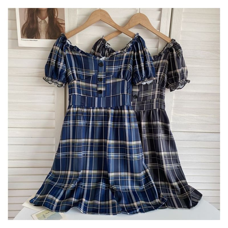 Short-Sleeve Off-Shoulder Plaid Mini A-Line Dress