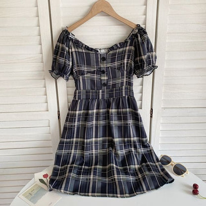 Short-Sleeve Off-Shoulder Plaid Mini A-Line Dress - Plaid