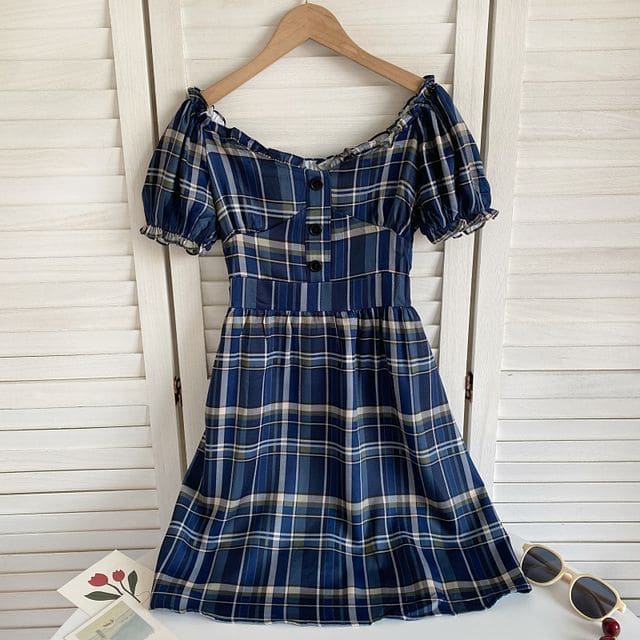 Short-Sleeve Off-Shoulder Plaid Mini A-Line Dress - Plaid