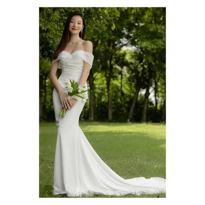 Short-Sleeve Off Shoulder Plain Ruched Mermaid Wedding Gown