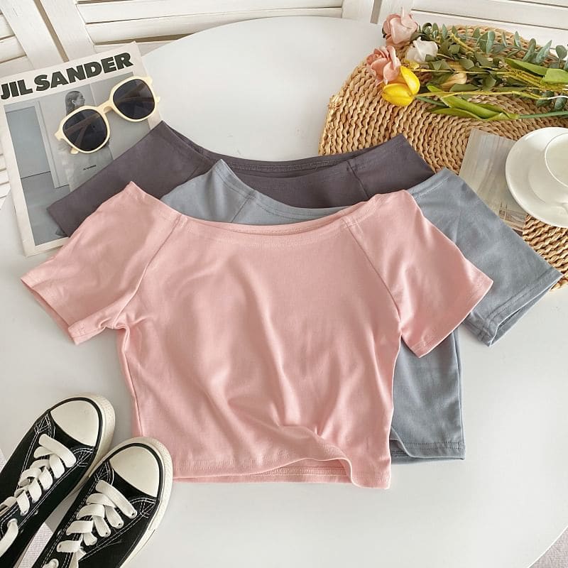 Short-Sleeve Off Shoulder Plain T-Shirt