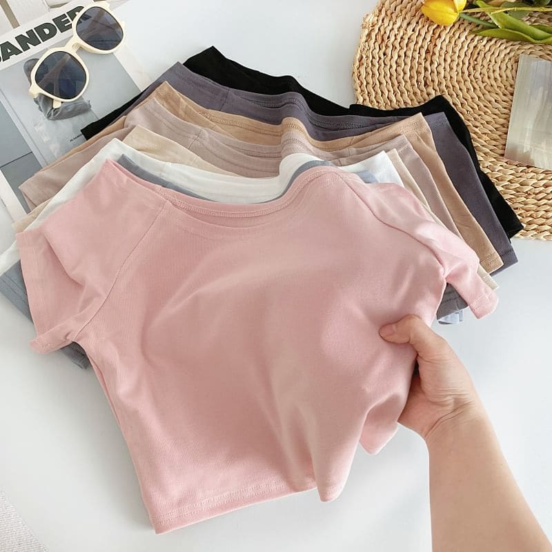 Short-Sleeve Off Shoulder Plain T-Shirt