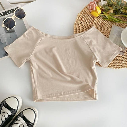 Short-Sleeve Off Shoulder Plain T-Shirt - Almond / One Size