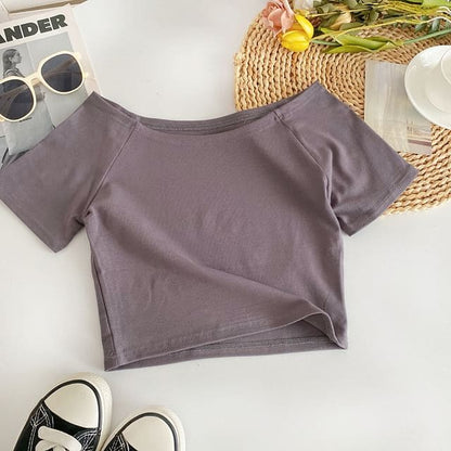 Short-Sleeve Off Shoulder Plain T-Shirt - Dark Gray