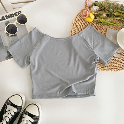 Short-Sleeve Off Shoulder Plain T-Shirt - Grayish Blue