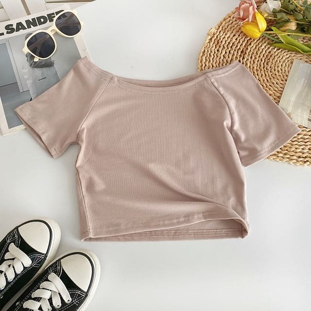 Short-Sleeve Off Shoulder Plain T-Shirt - Mauve Pink