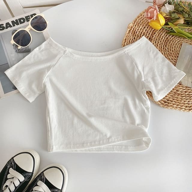 Short-Sleeve Off Shoulder Plain T-Shirt - White / One Size