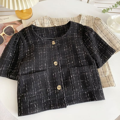 Short-Sleeve Plaid Pocket Detail Blouse