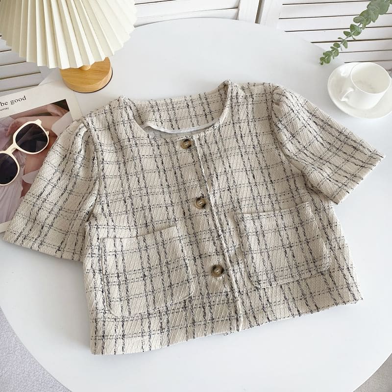 Short-Sleeve Plaid Pocket Detail Blouse